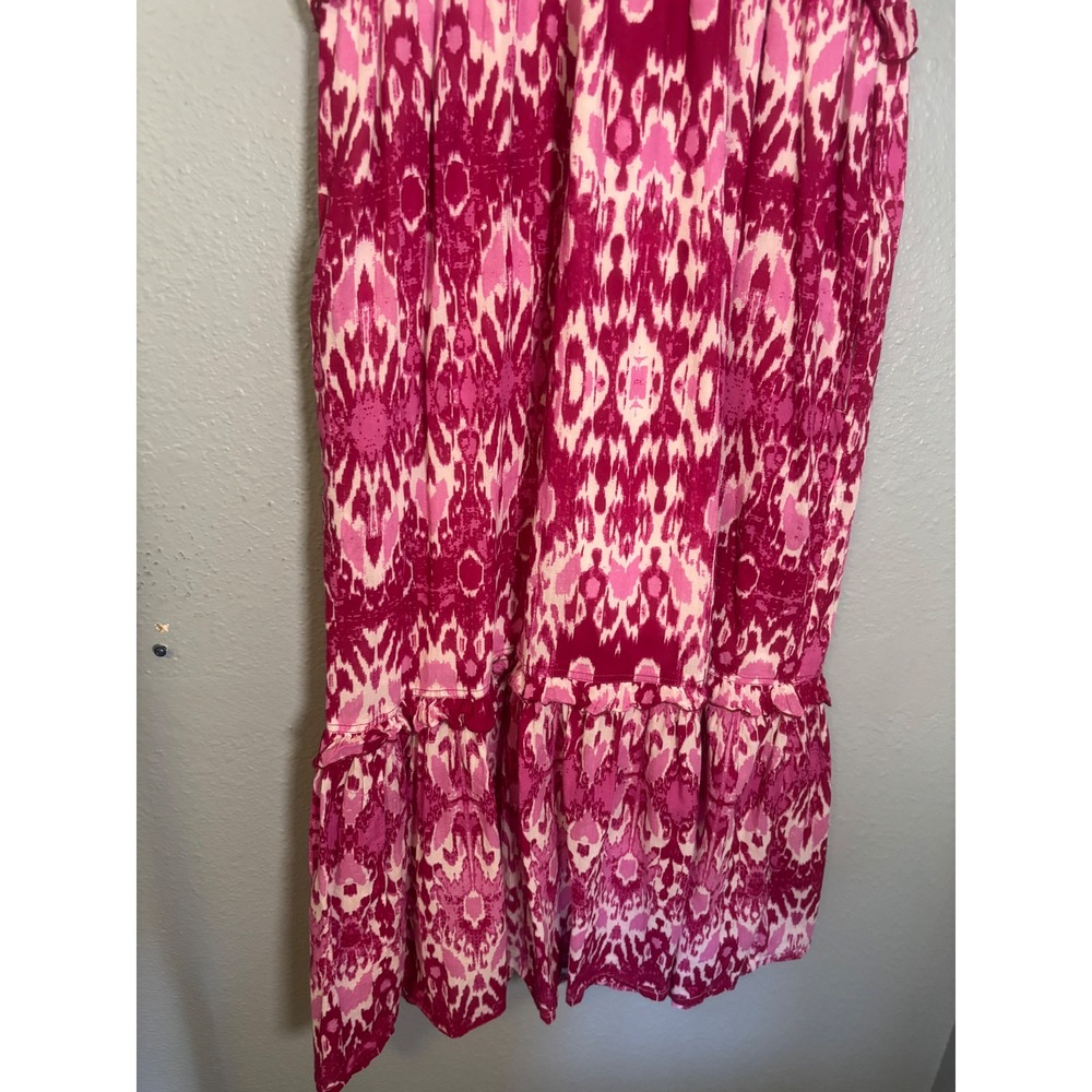 Ros's Garden Pink Ikat Cotton Ruffle Maxi Dress Sleeveless V-Neck XS Boho Tiered - Picture 5 of 9